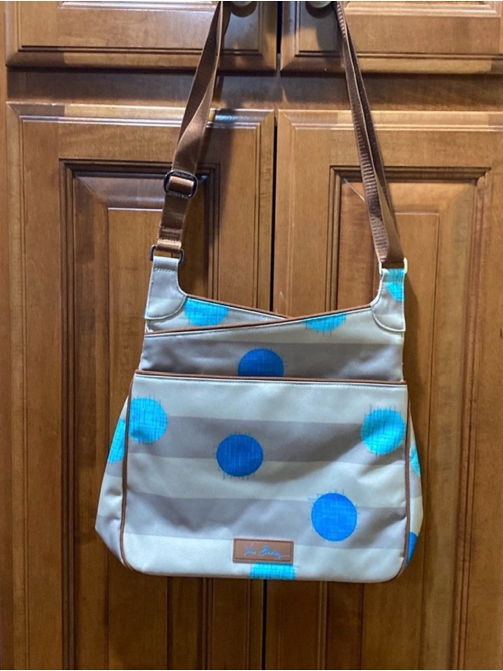 Vera Bradley Blue Polka Dot Crossbody Bag with Tan Accents